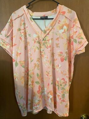 HEIMISH USA Peach Floral V-Neck Short Sleeve Tunic